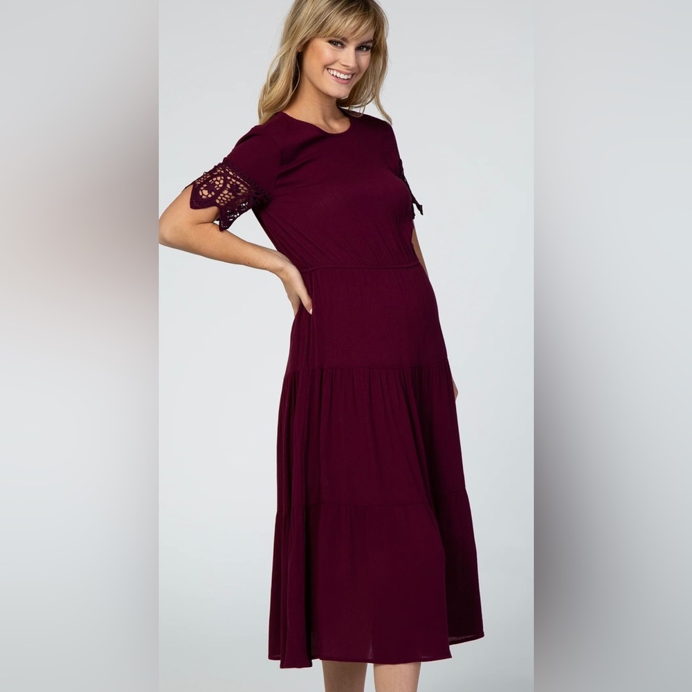 Plum Lace Sleeve Tiered Maternity Midi